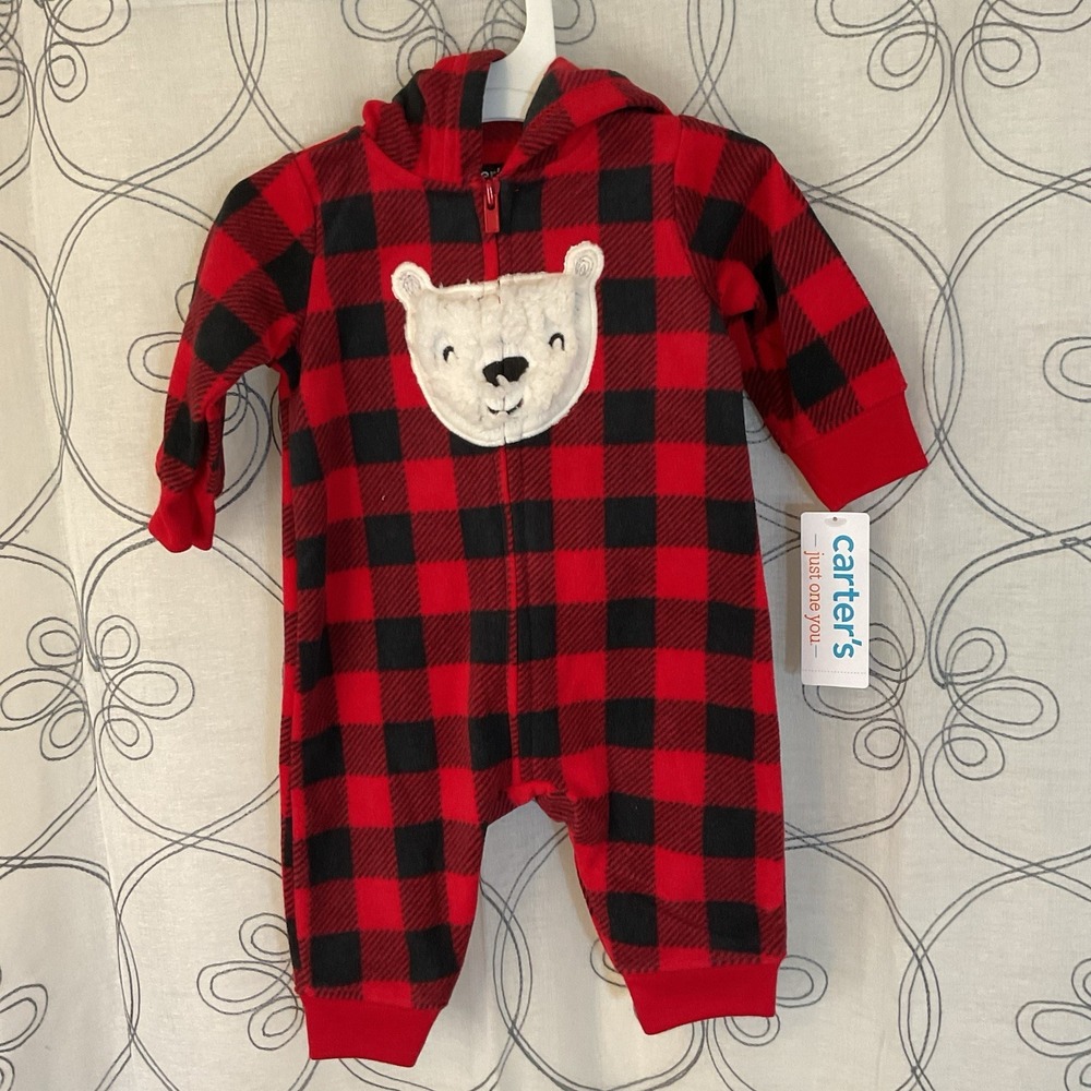 Carters Infant Boys Plush Red Buffalo Plaid Polar Bear Sleeper Pajama 3 Months
